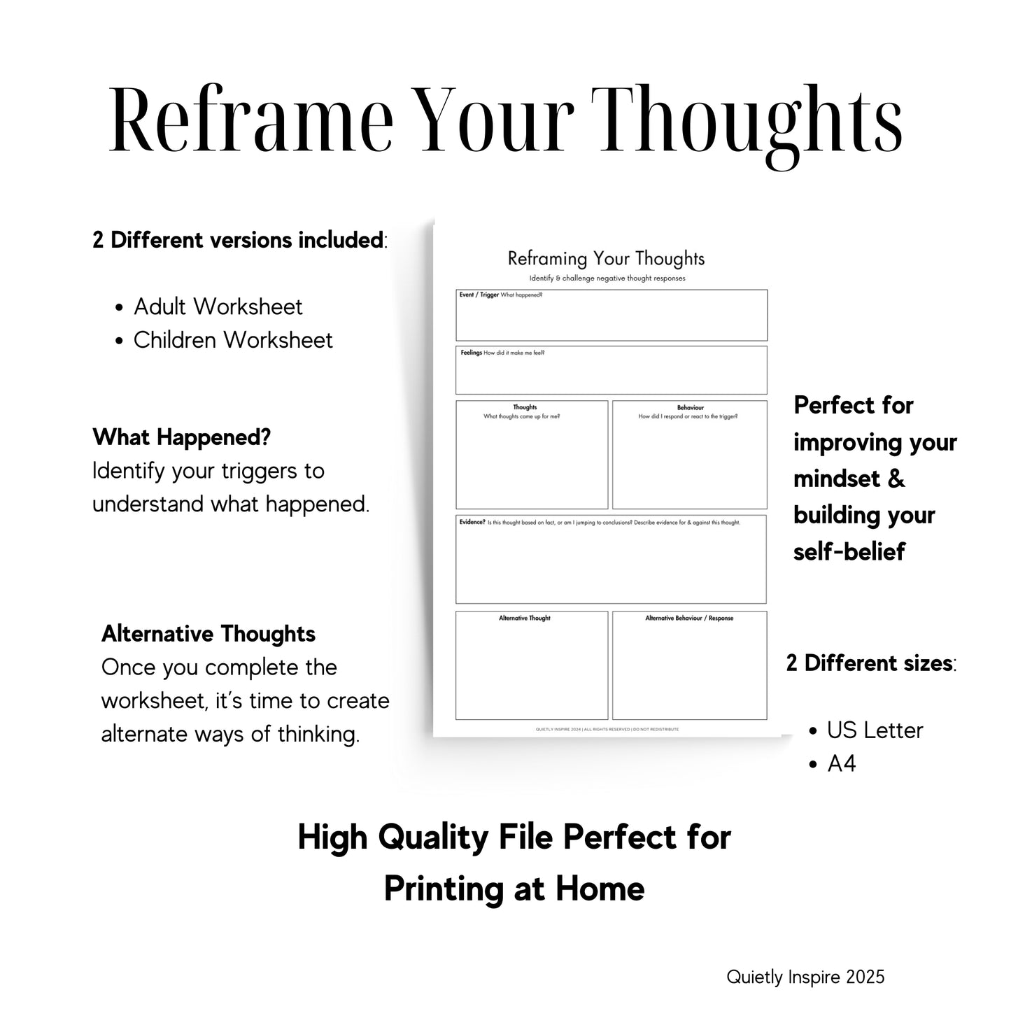 Quietly Inspire Thought Reframe Worksheets